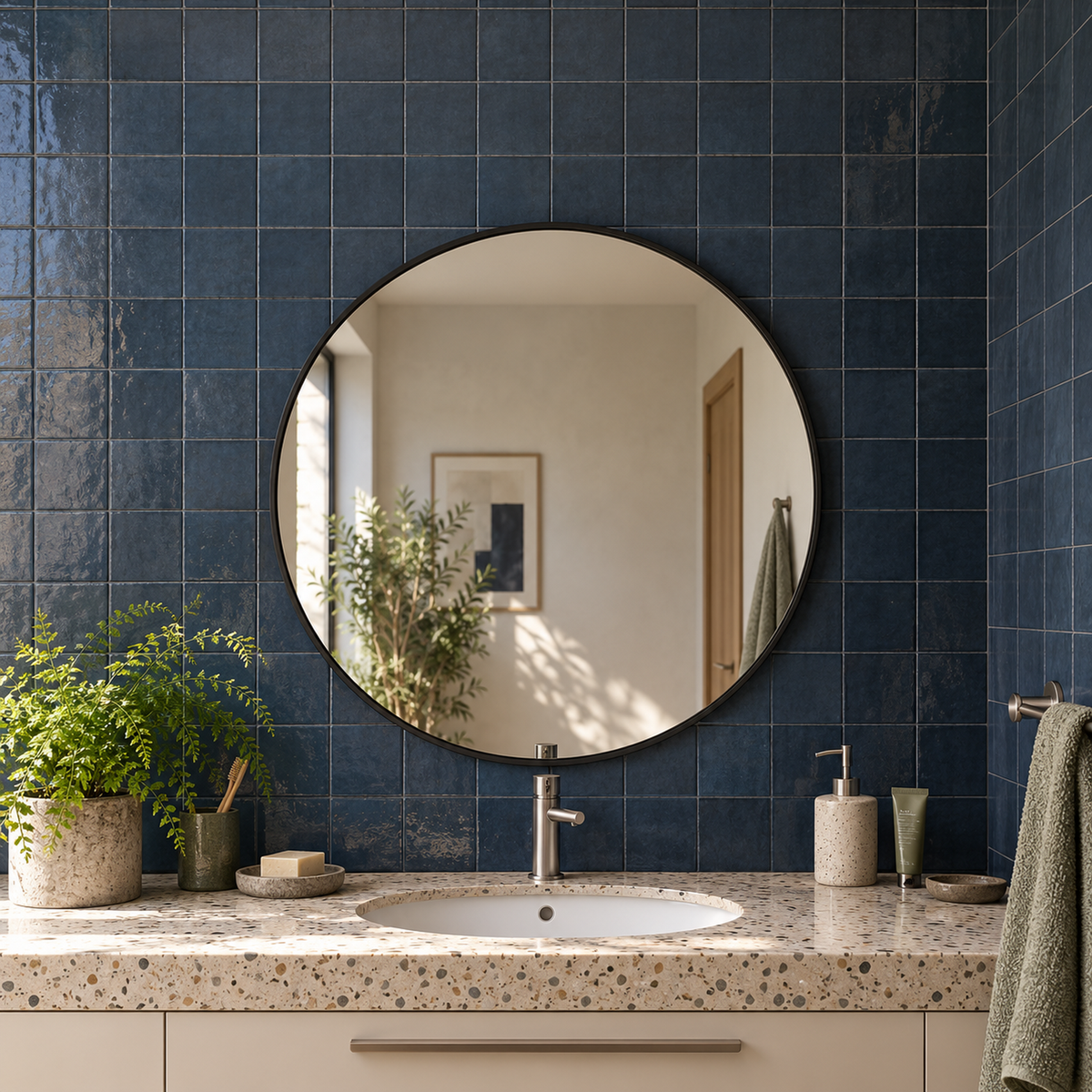 Lustro koliste 120x120 cm w złotej ramie Slim z zawieszkami i kołkami - zdjecie 1