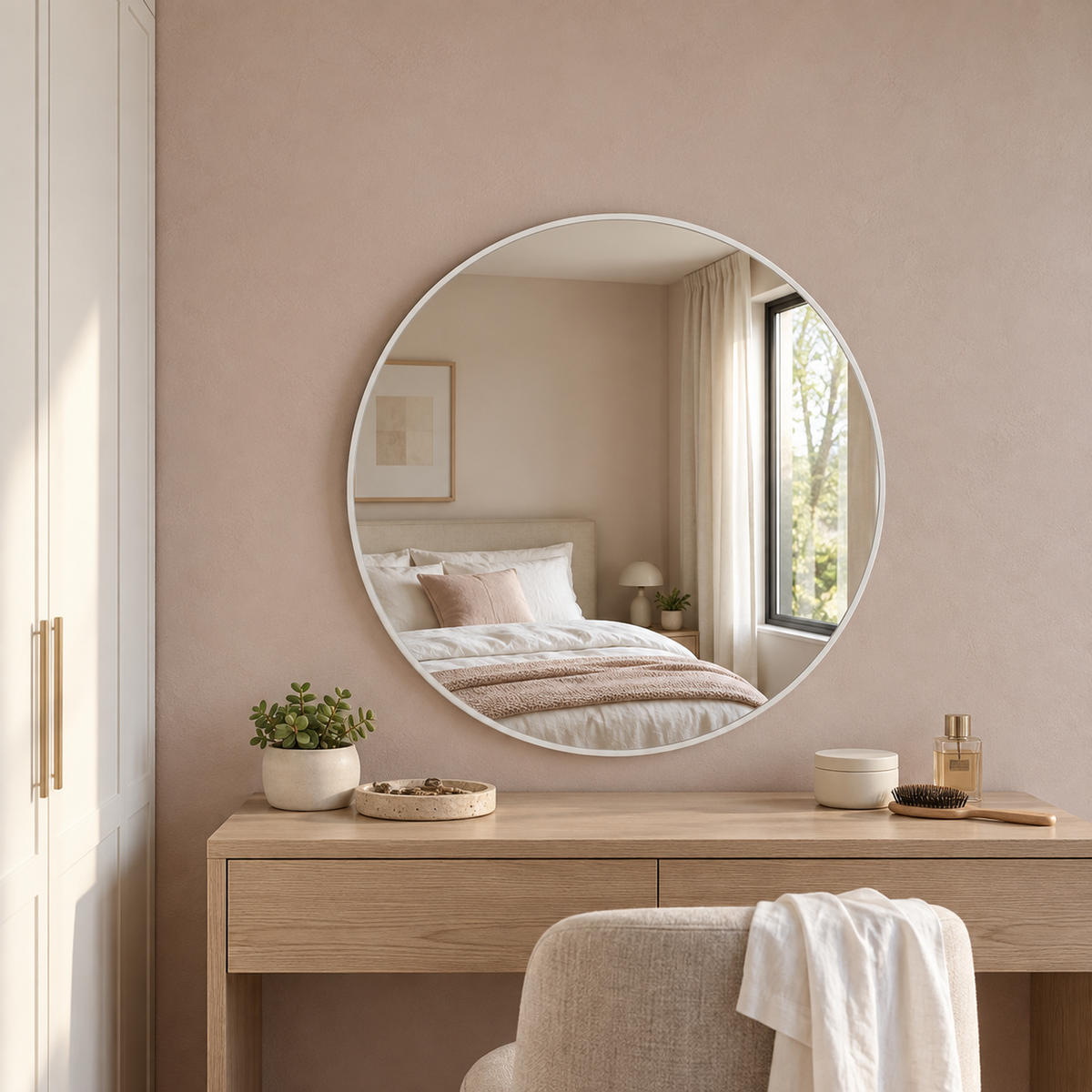 Lustro koliste 40x40 cm w różowej ramie Slim z zawieszkami i kołkami - zdjecie 1