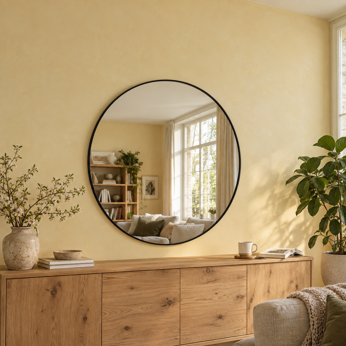 Lustro koliste 90x90 cm w różowej ramie Slim z zawieszkami i kołkami - zdjecie 1
