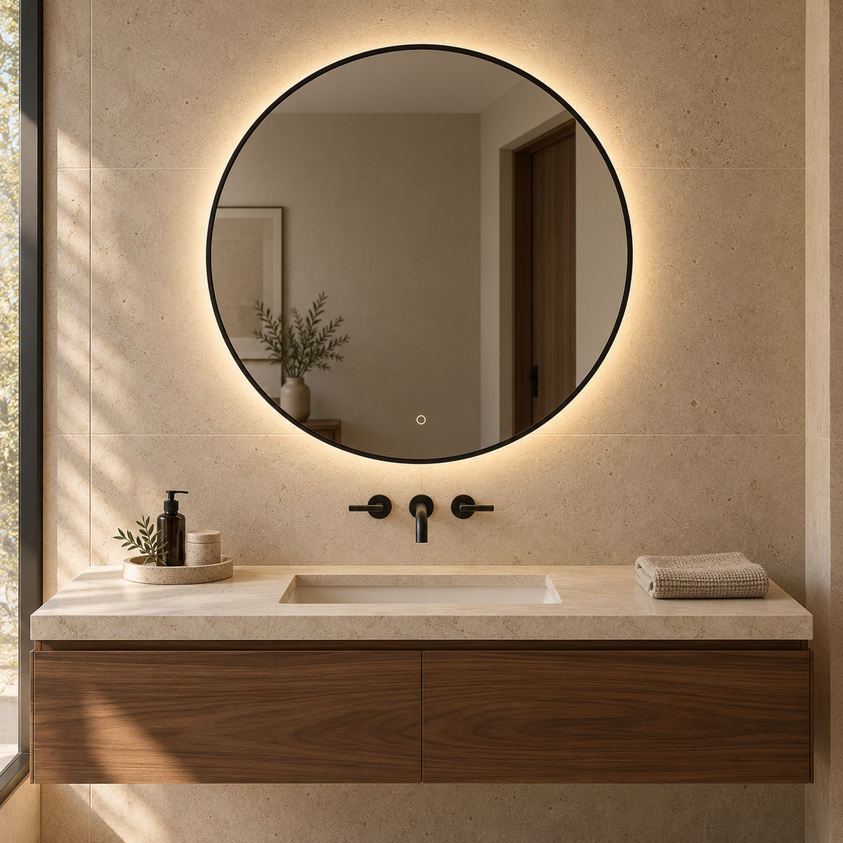 Lustro koliste LED z włącznikiem dotykowym 60x60 cm w czarnej ramie Slim - zdjecie 1