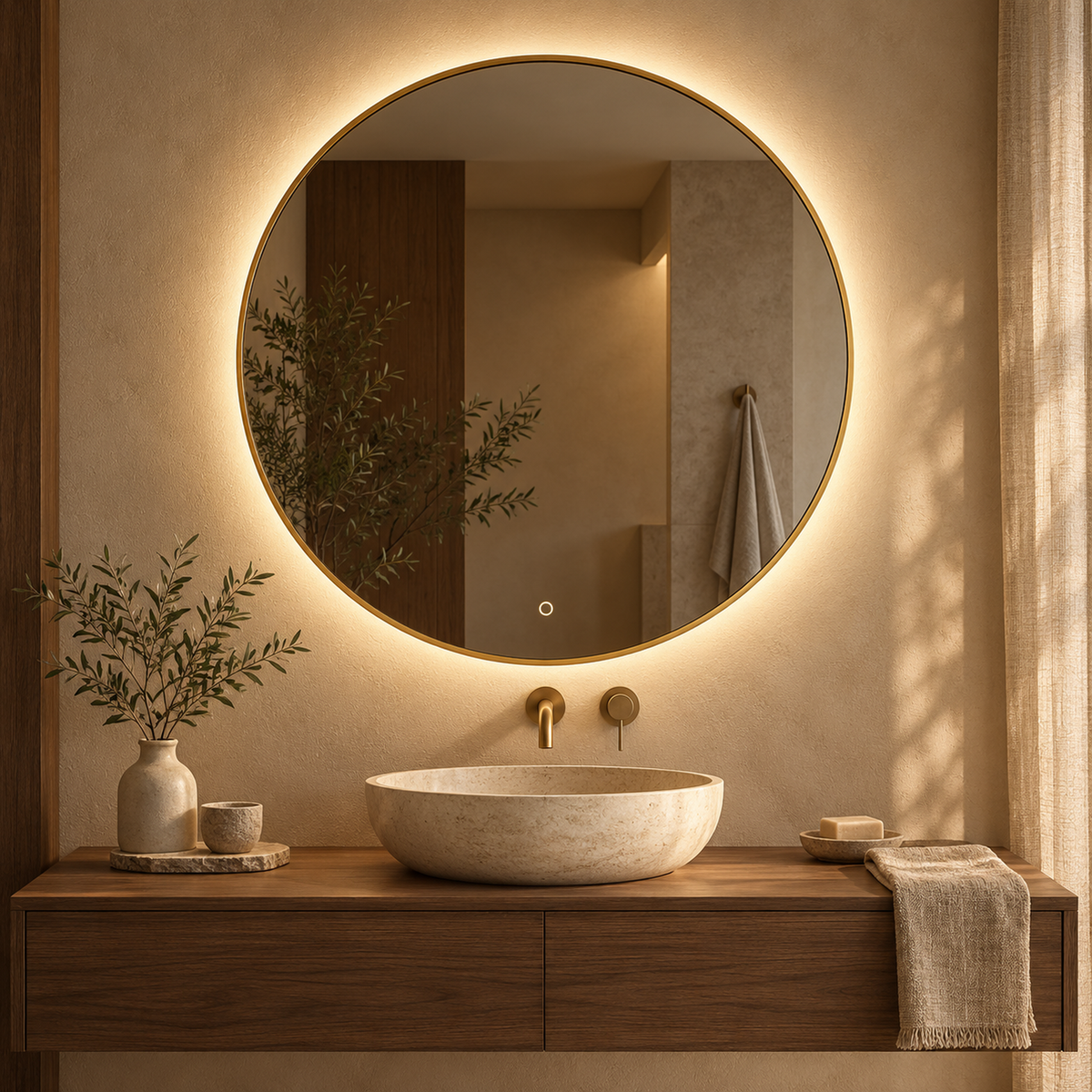 Lustro koliste LED z włącznikiem dotykowym 70x70 cm w białej ramie Slim z zawieszkami i kołkami - zdjecie 1