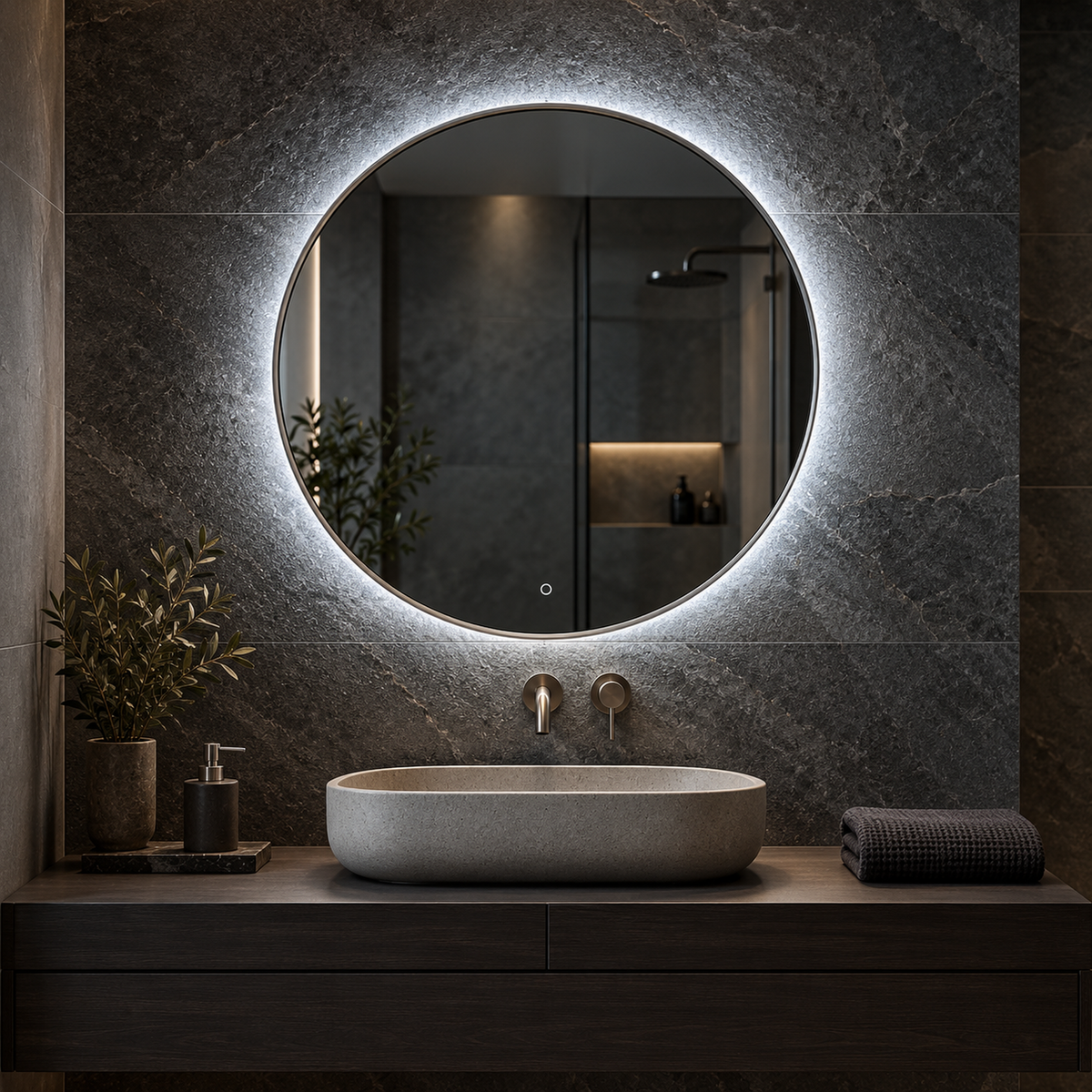 Lustro koliste LED z włącznikiem dotykowym 70x70 cm w białej ramie Slim z zawieszkami i kołkami - zdjecie 2