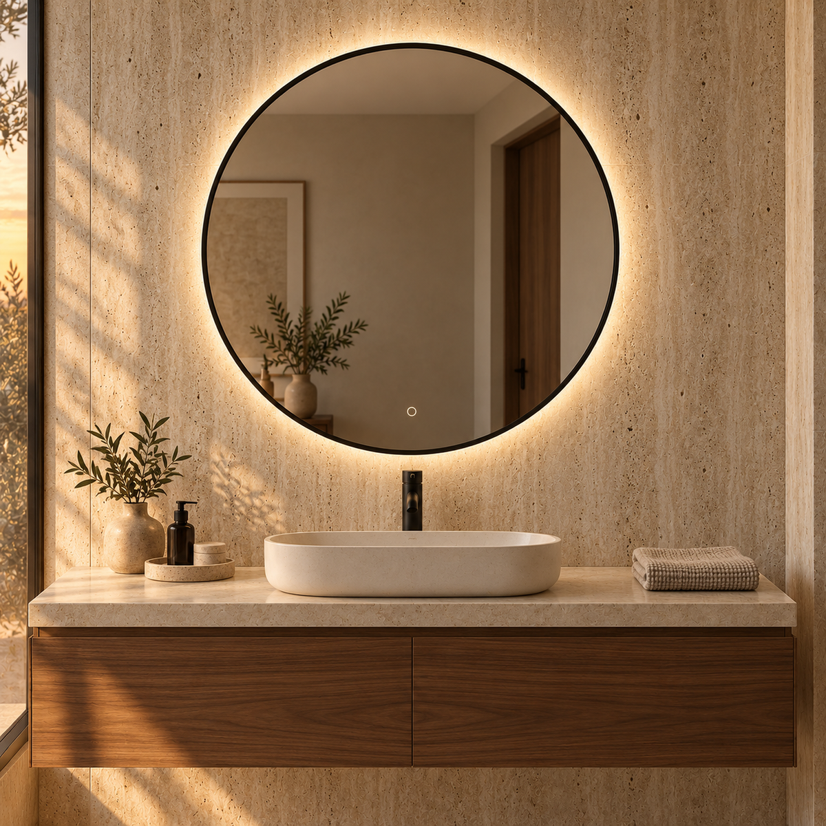 Lustro koliste LED z włącznikiem dotykowym 70x70 cm w białej ramie Slim z zawieszkami i kołkami - zdjecie 3