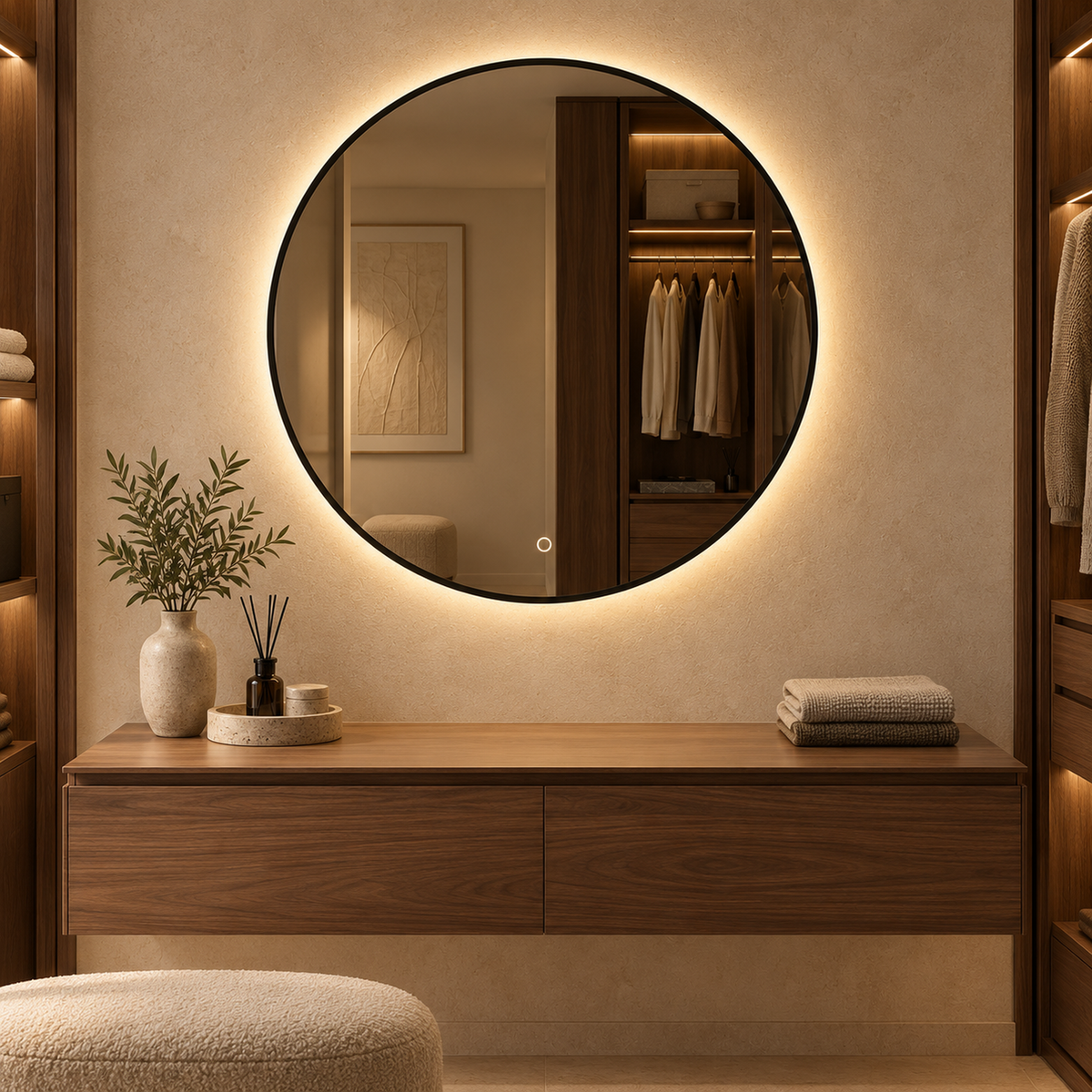 Lustro koliste LED z włącznikiem dotykowym 70x70 cm w białej ramie Slim z zawieszkami i kołkami - zdjecie 5