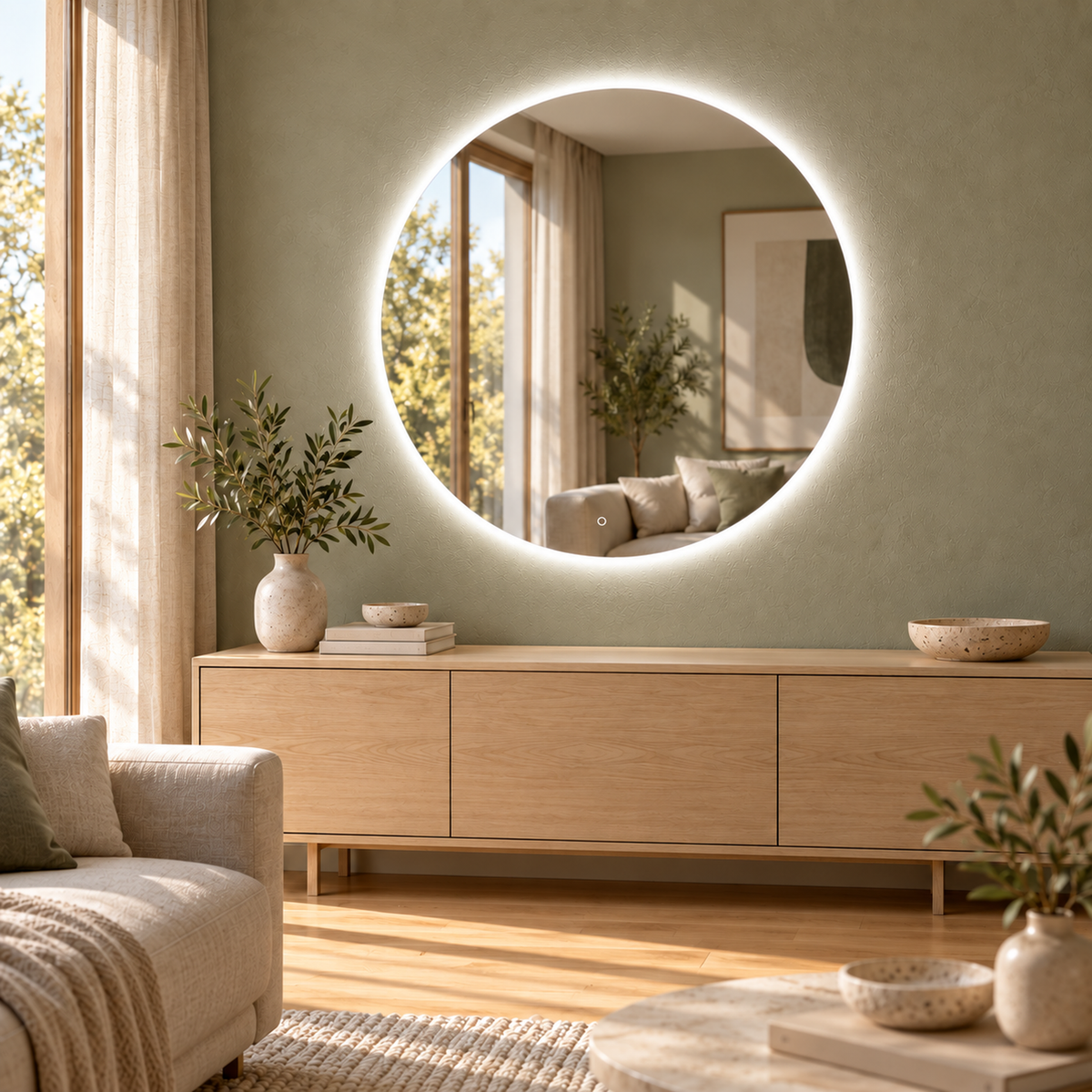 Lustro koliste LED z włącznikiem dotykowym 80x80 cm bez ramy z zawieszkami i kołkami - zdjecie 3