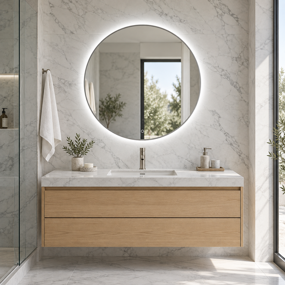 Lustro koliste LED z włącznikiem dotykowym 80x80 cm w srebrnej ramie Slim - zdjecie 2