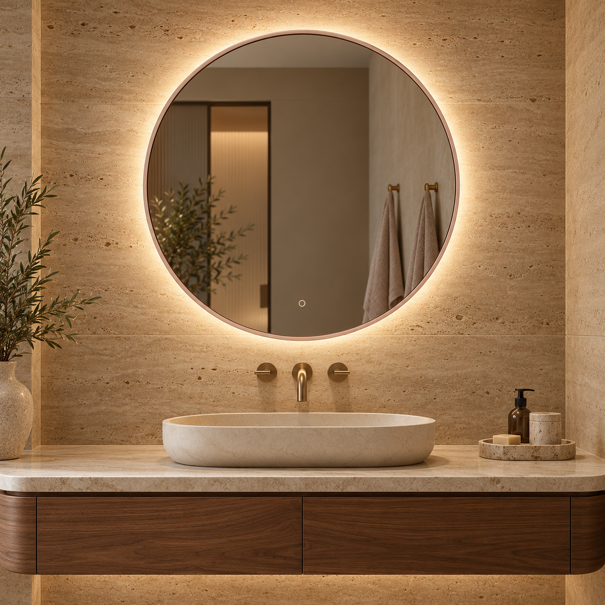 Lustro koliste LED z włącznikiem dotykowym 90x90 cm w białej ramie Slim z zawieszkami i kołkami - zdjecie 1