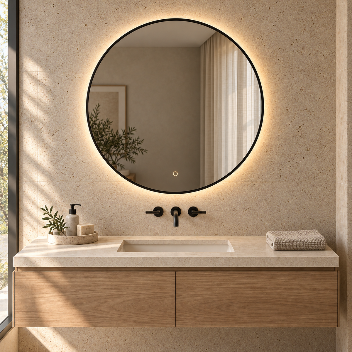Lustro koliste LED z włącznikiem dotykowym 90x90 cm w białej ramie Slim z zawieszkami i kołkami - zdjecie 2