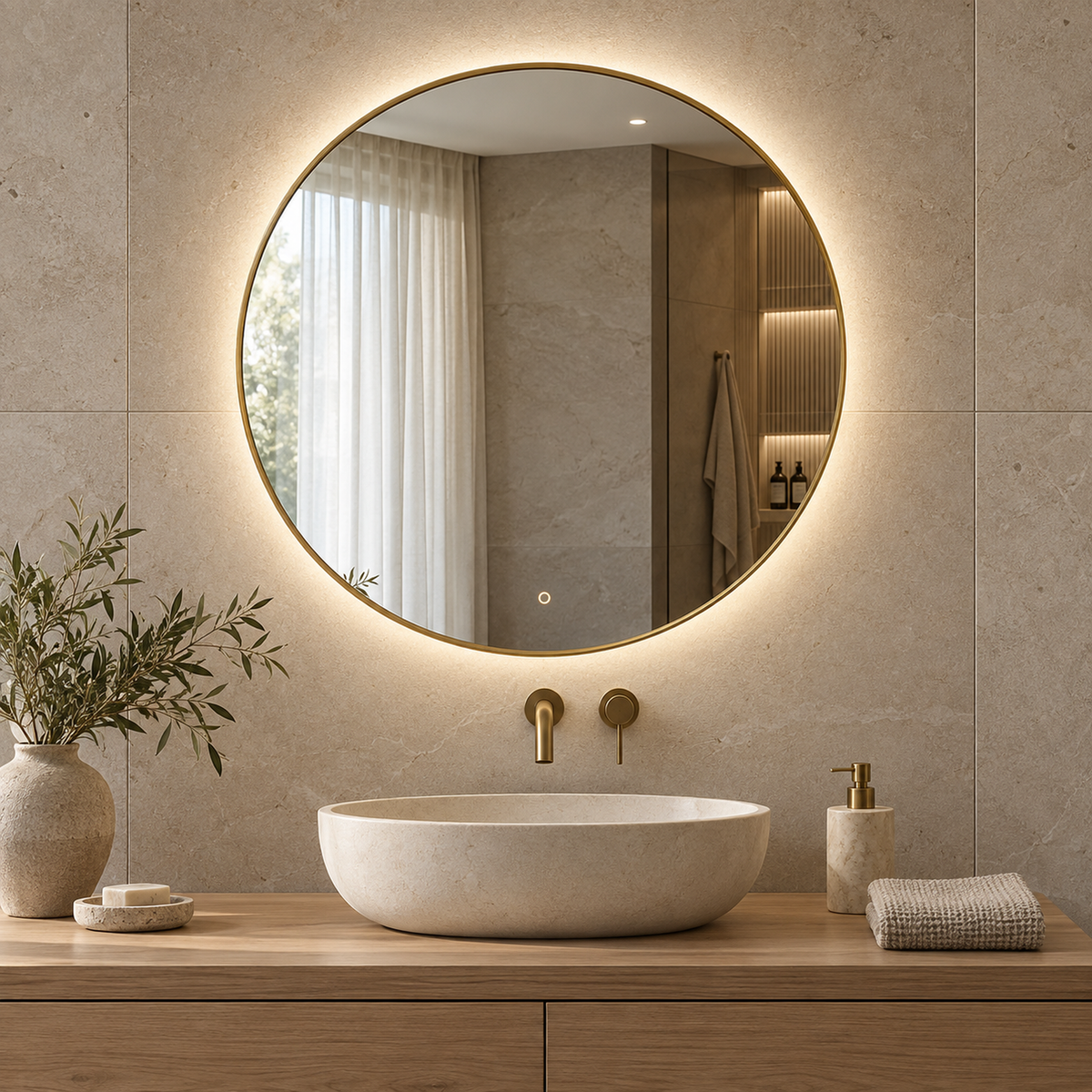 Lustro koliste LED z włącznikiem naściennym 110x110 cm w białej ramie Slim - zdjecie 2