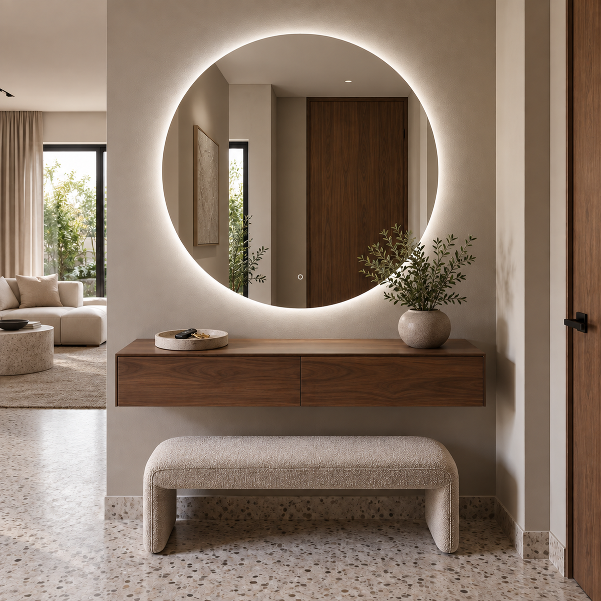 Lustro koliste LED z włącznikiem naściennym 140x140 cm bez ramy z zawieszkami i kołkami - zdjecie 4