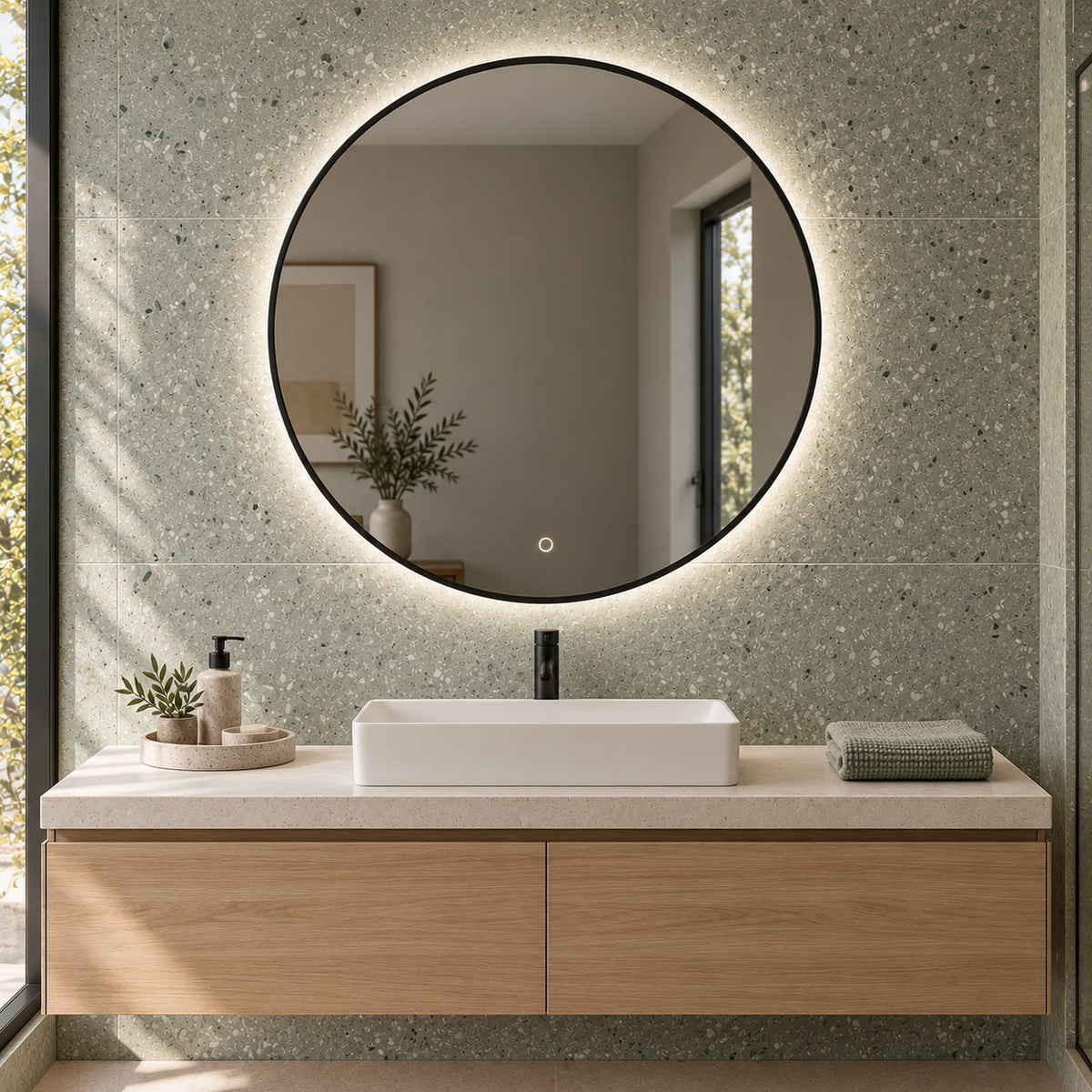 Lustro koliste LED z włącznikiem naściennym 90x90 cm w czarnej ramie Slim - zdjecie 2