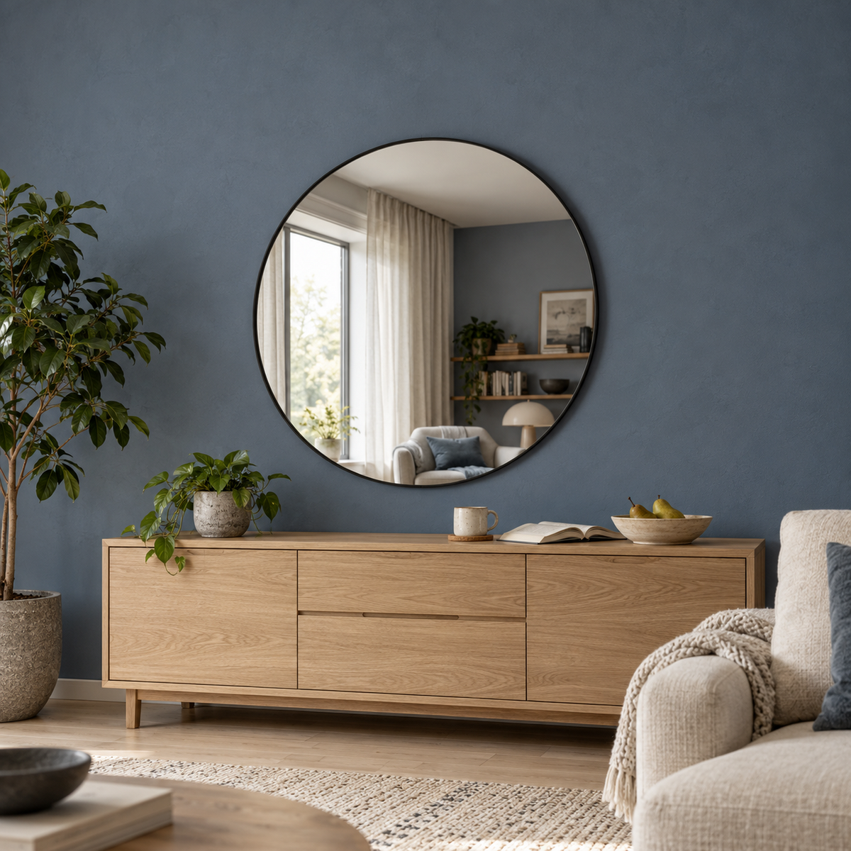 Lustro kołowe 130x130 cm w białej ramie Slim z zawieszkami i kołkami - zdjecie 2