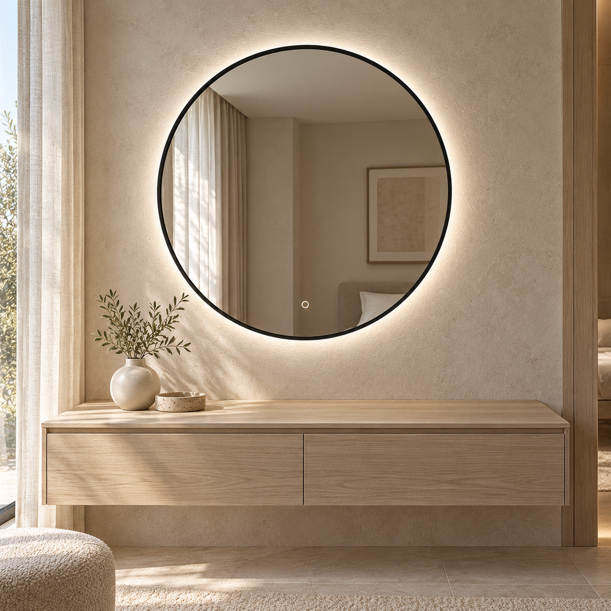Lustro kołowe LED z włącznikiem dotykowym 100x100 cm w różowej ramie Slim - zdjecie 2