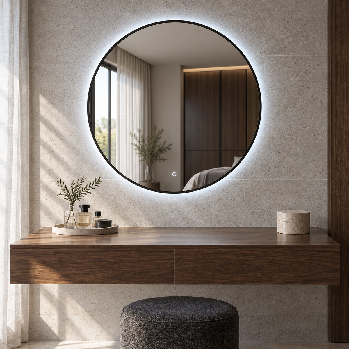 Lustro kołowe LED z włącznikiem dotykowym 120x120 cm w czarnej ramie Slim - zdjecie 3