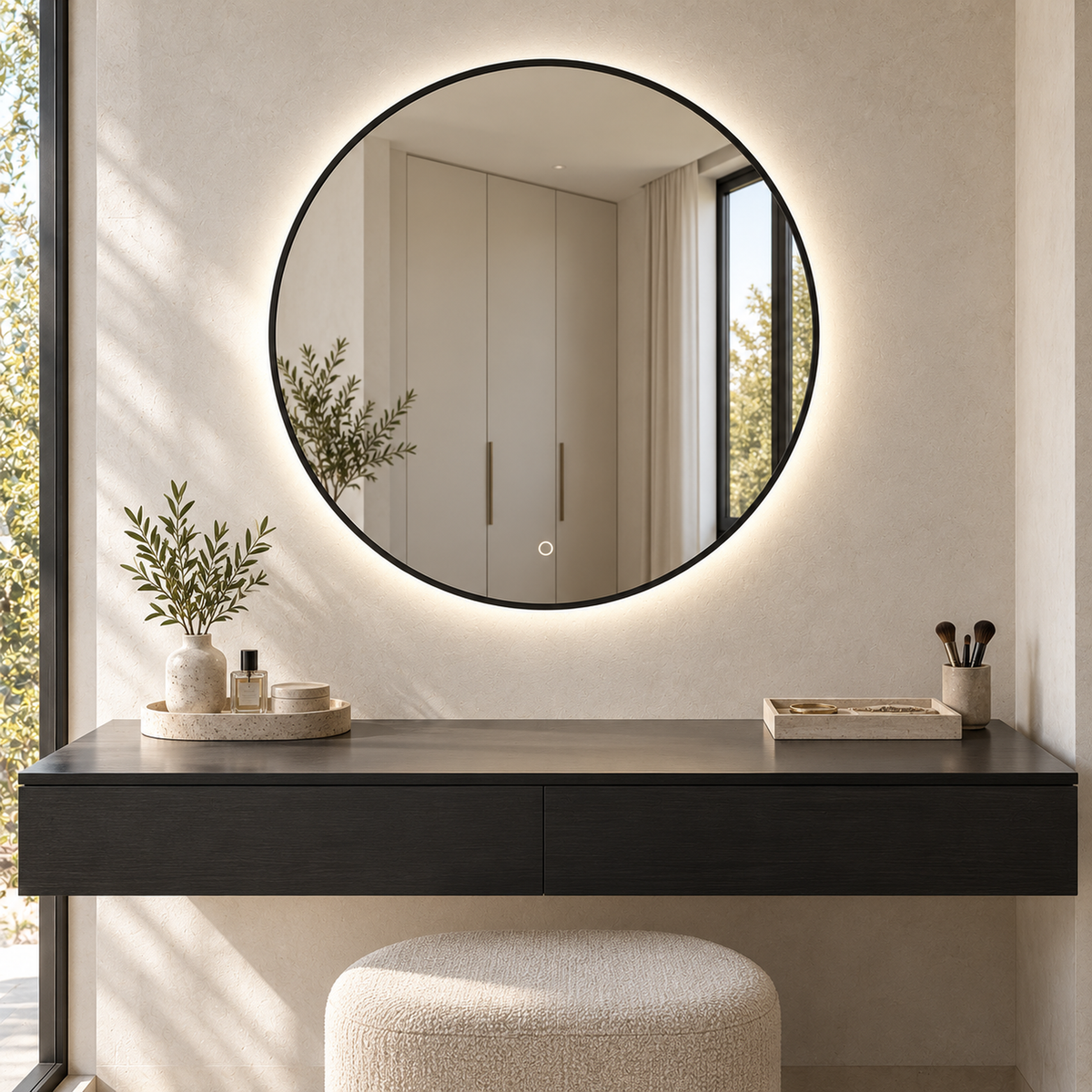 Lustro kołowe LED z włącznikiem dotykowym 60x60 cm w złotej ramie Slim z zawieszkami i kołkami - zdjecie 5