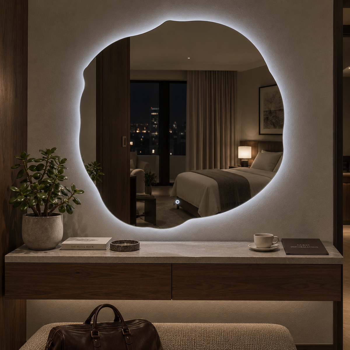 Lustro nieregularne FIBONA LED z włącznikiem dotykowym 130x130 cm bez ramy z zawieszkami i kołkami - zdjecie 1