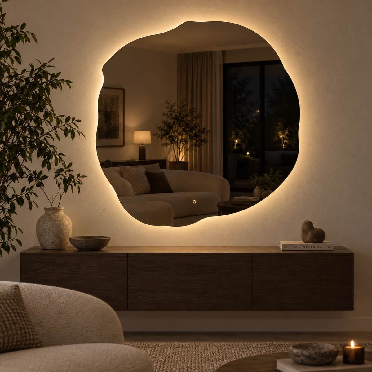 Lustro nieregularne FIBONA LED z włącznikiem naściennym 130x130 cm bez ramy z zawieszkami i kołkami - zdjecie 2
