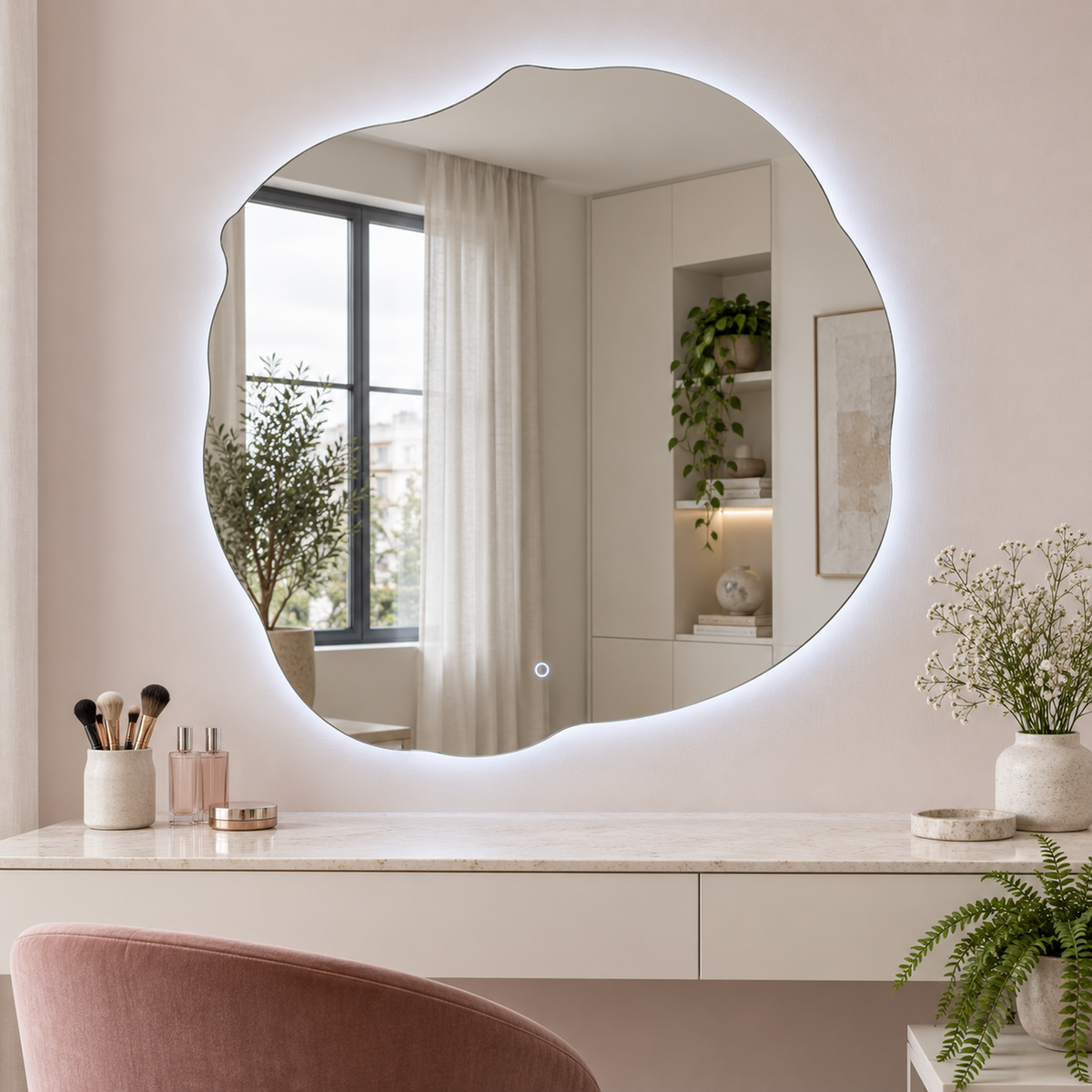 Lustro nieregularne FIBONA LED z włącznikiem naściennym 50x50 cm bez ramy z zawieszkami i kołkami - zdjecie 2