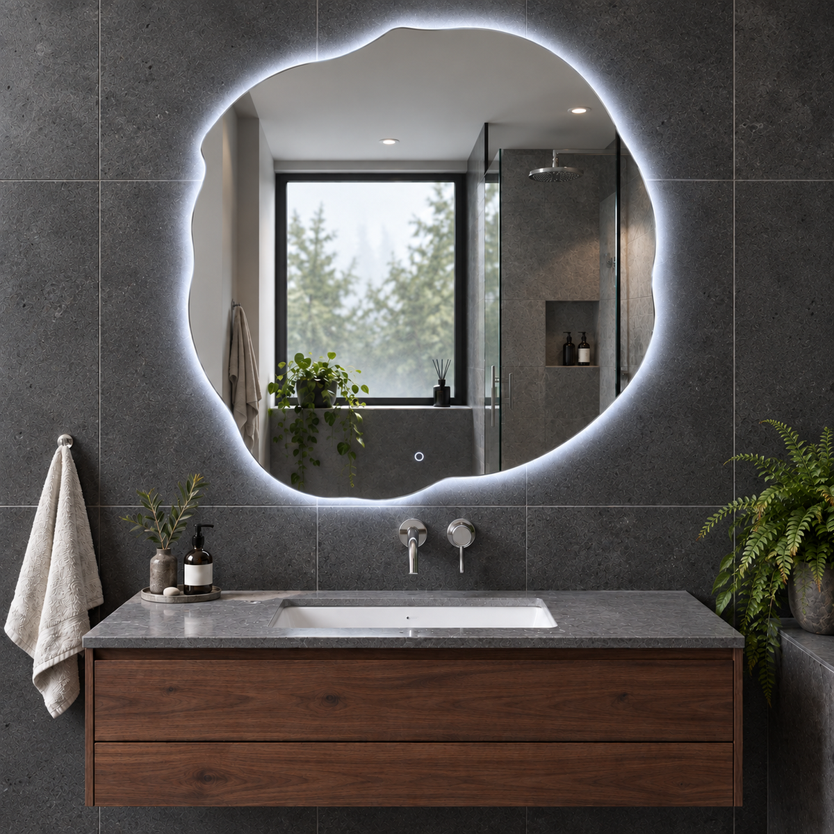 Lustro nieregularne FIBONA LED z włącznikiem naściennym 70x70 cm bez ramy z zawieszkami i kołkami - zdjecie 1
