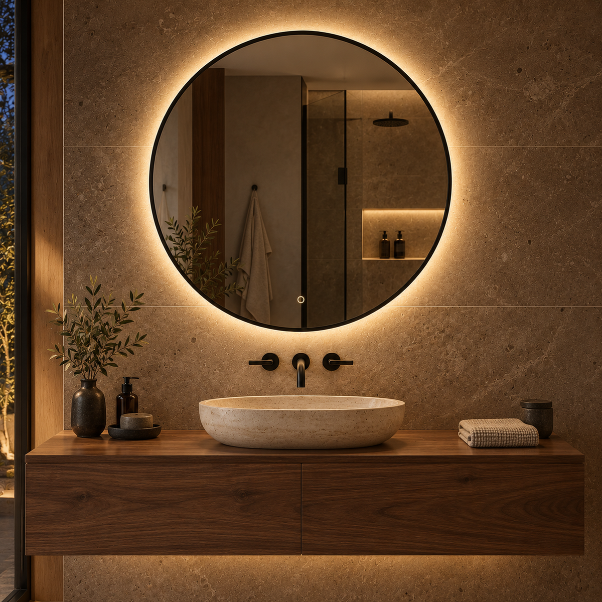 Lustro o okrągłym kształcie LED z włącznikiem dotykowym 120x120 cm w białej ramie Slim - zdjecie 2