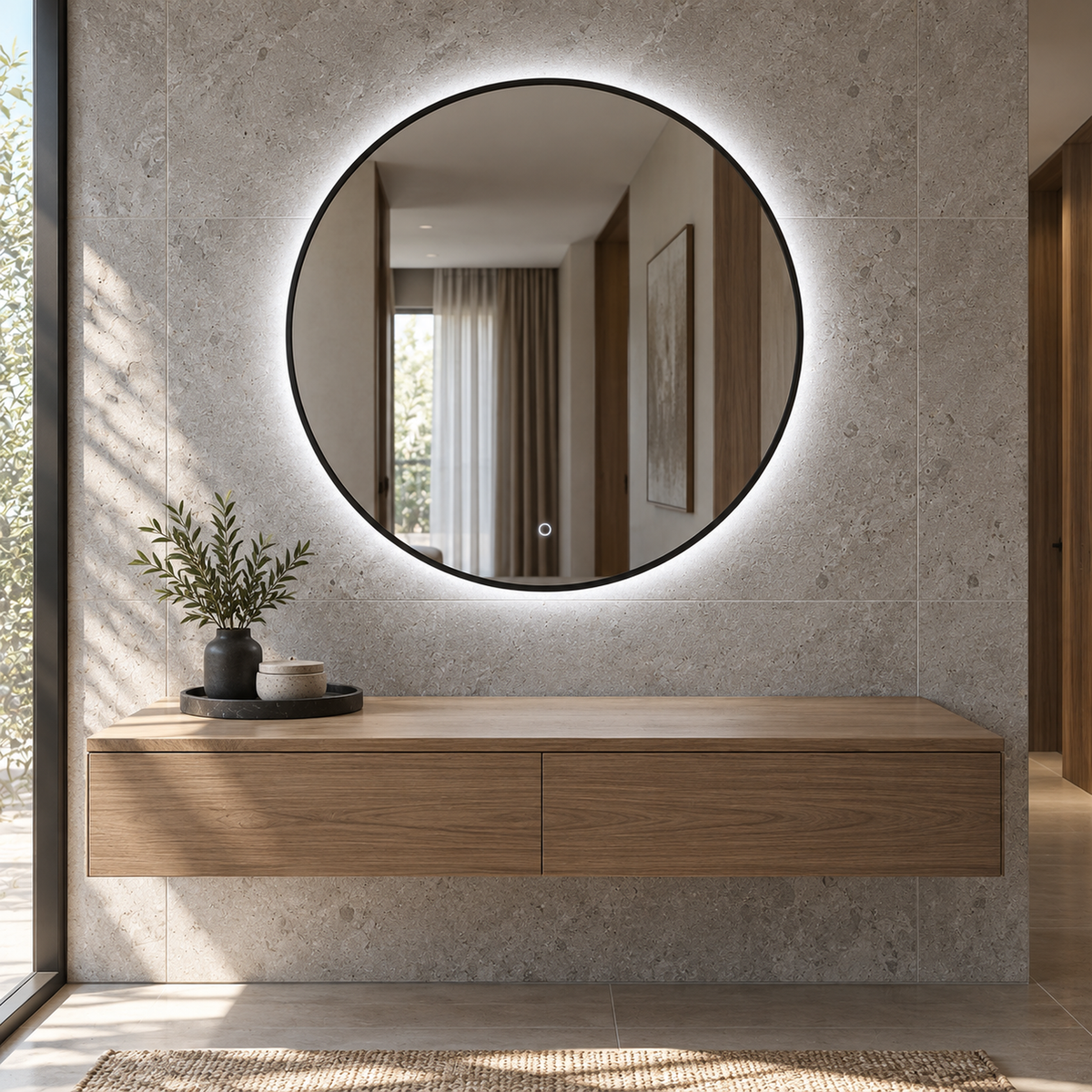 Lustro o okrągłym kształcie LED z włącznikiem dotykowym 120x120 cm w białej ramie Slim - zdjecie 5