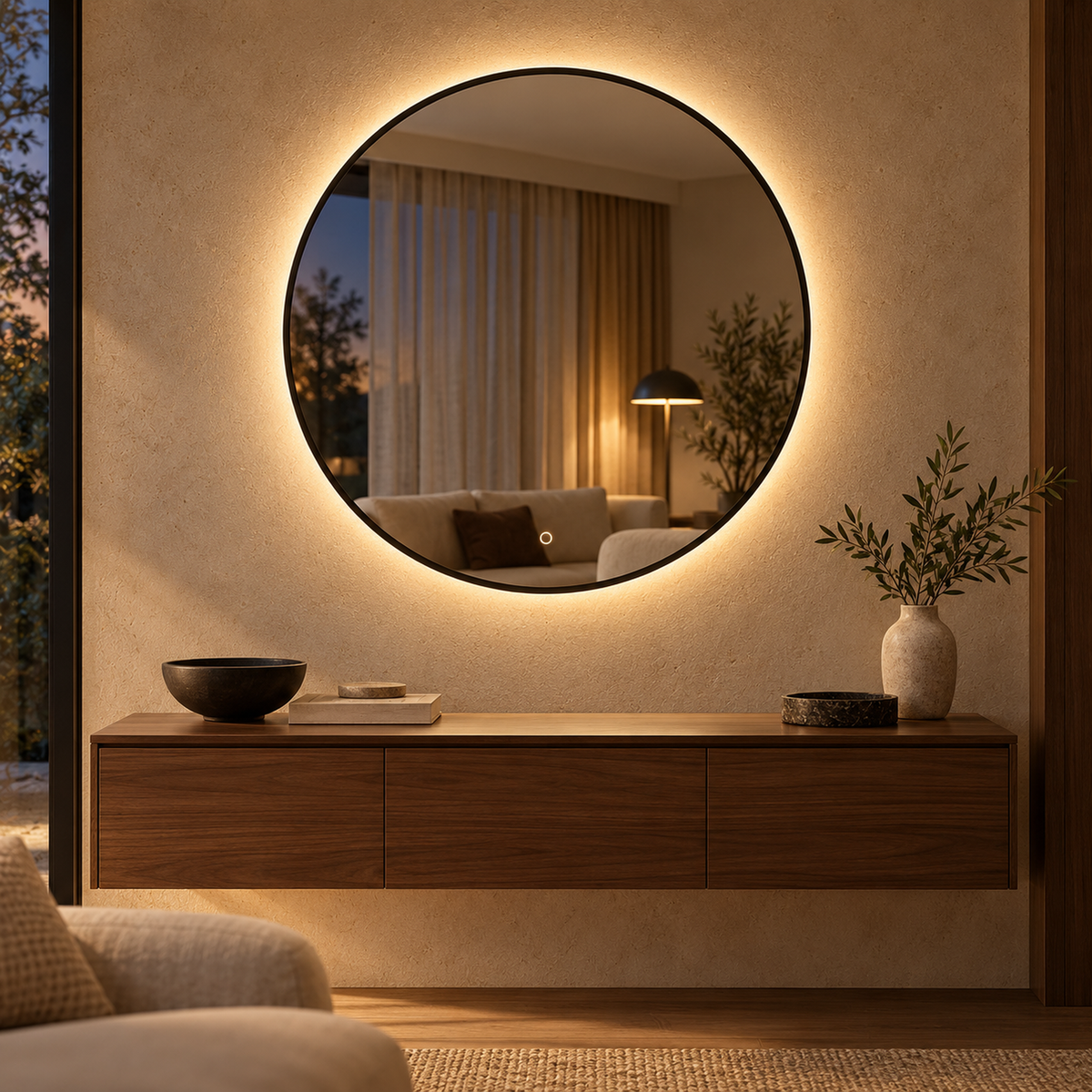 Lustro o okrągłym kształcie LED z włącznikiem dotykowym 130x130 cm w czarnej ramie Slim - zdjecie 2