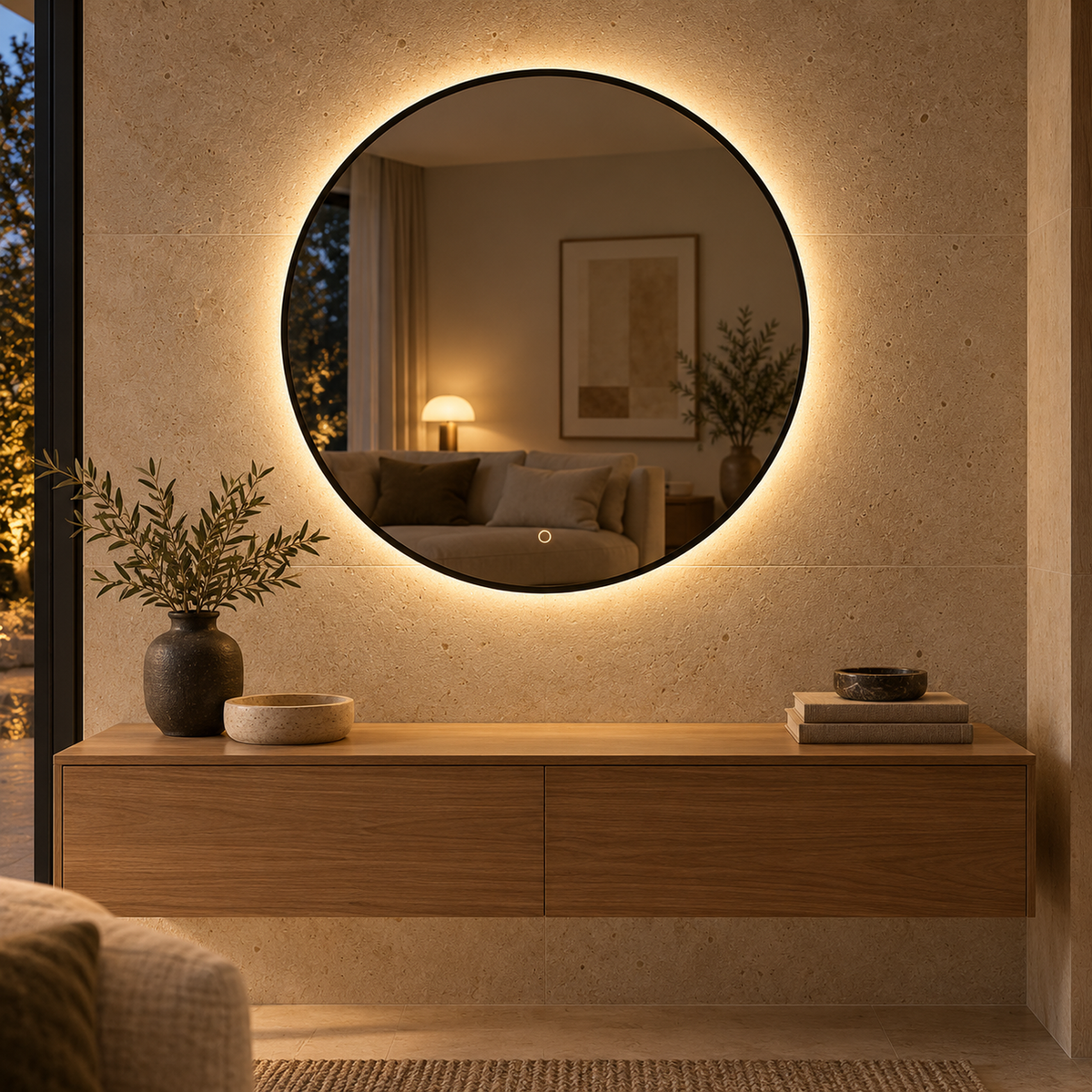 Lustro o okrągłym kształcie LED z włącznikiem dotykowym 140x140 cm w białej ramie Slim - zdjecie 5