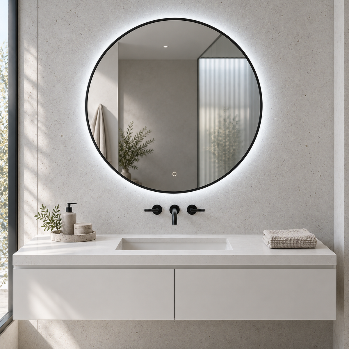 Lustro o okrągłym kształcie LED z włącznikiem dotykowym 60x60 cm w białej ramie Slim - zdjecie 2
