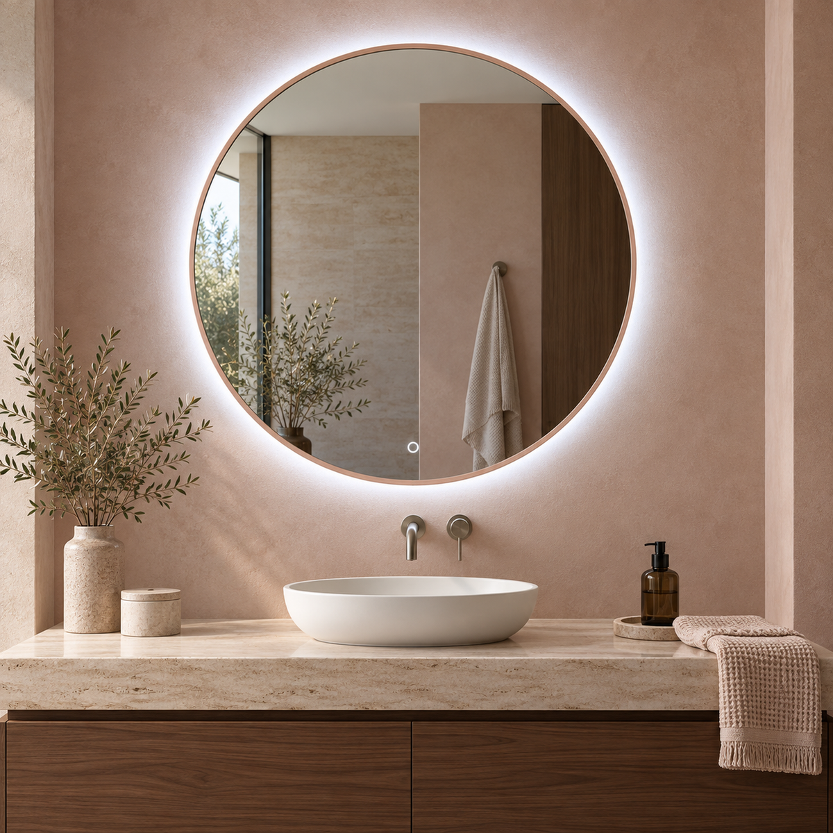 Lustro o okrągłym kształcie LED z włącznikiem naściennym 100x100 cm w różowej ramie Slim - zdjecie 4