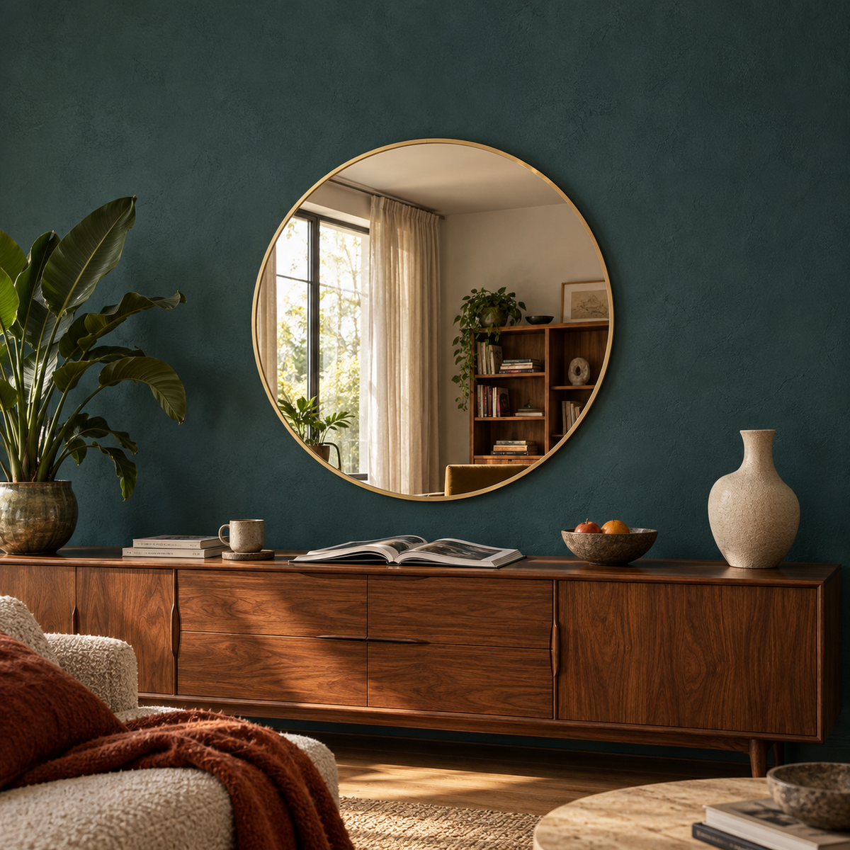 Lustro okrągłe 60x60 cm w złotej ramie Slim z zawieszkami i kołkami - zdjecie 5