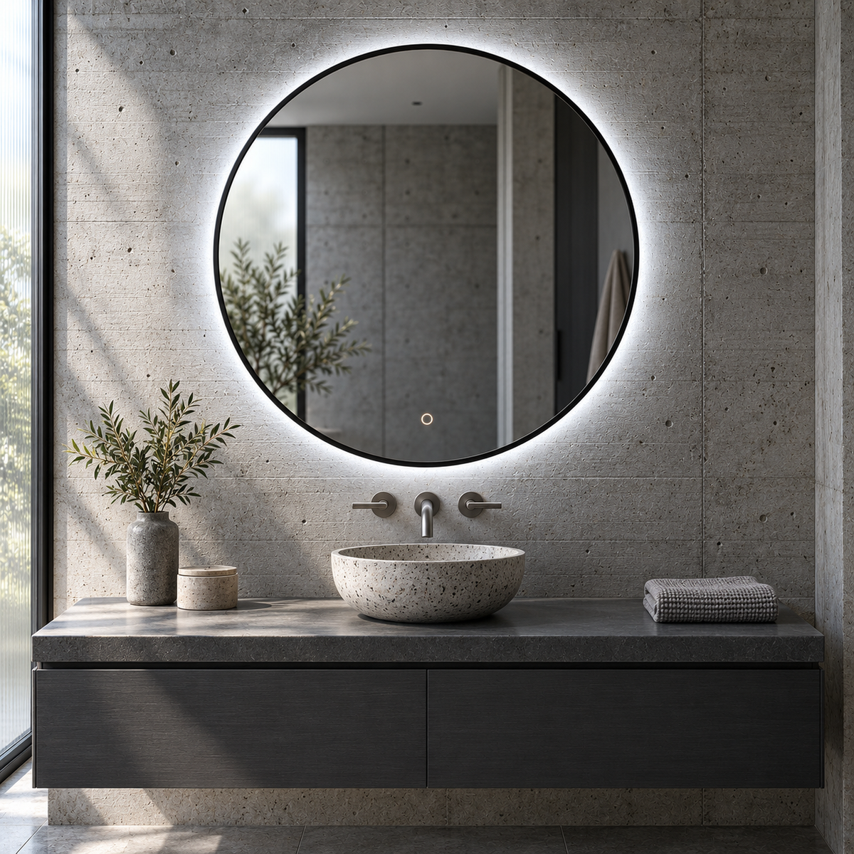 Lustro okrągłe LED z włącznikiem dotykowym 110x110 cm w białej ramie Slim - zdjecie 2
