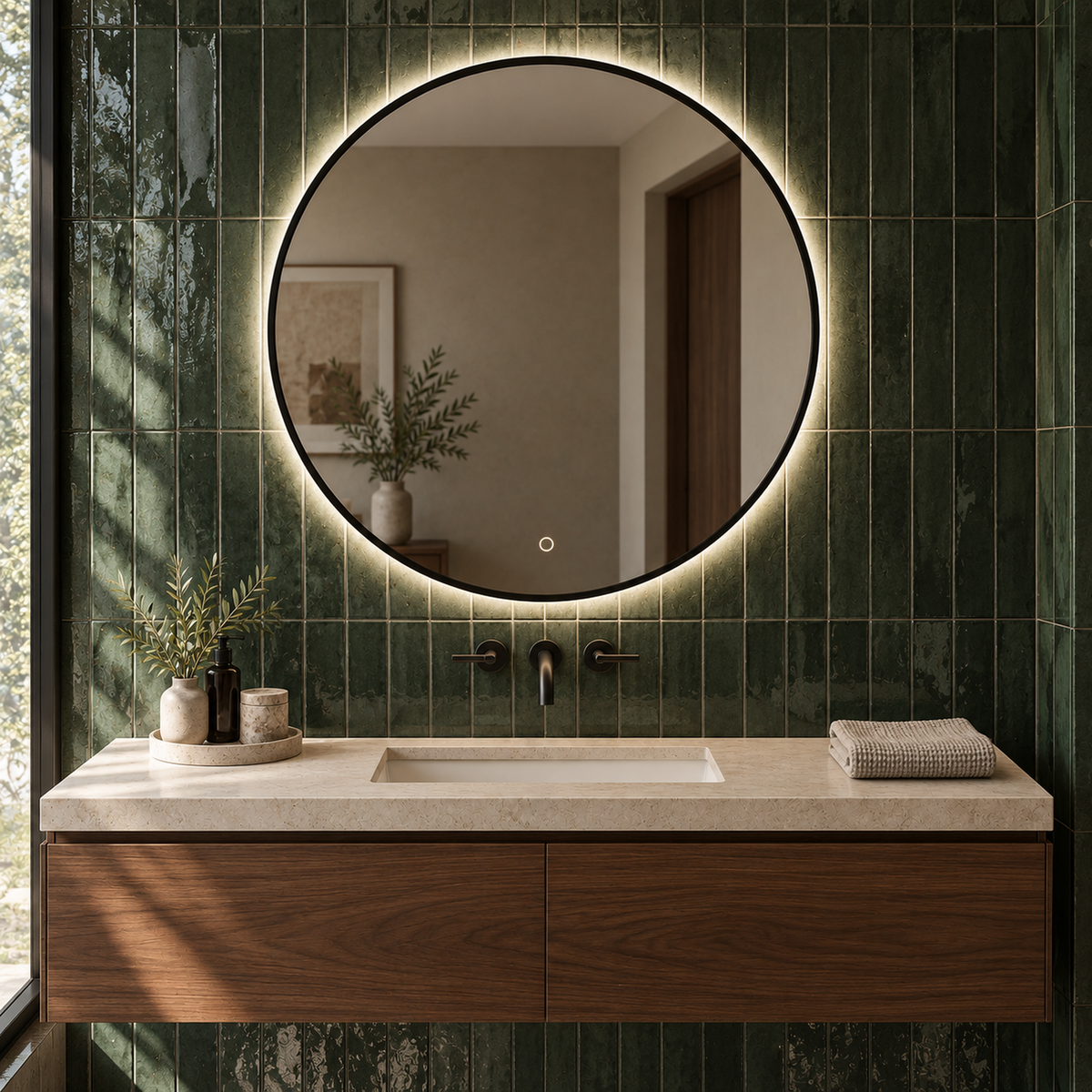 Lustro okrągłe LED z włącznikiem dotykowym 110x110 cm w czarnej ramie Slim - zdjecie 1