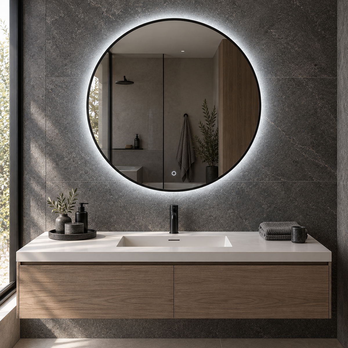 Lustro okrągłe LED z włącznikiem dotykowym 140x140 cm w czarnej ramie Slim - zdjecie 1