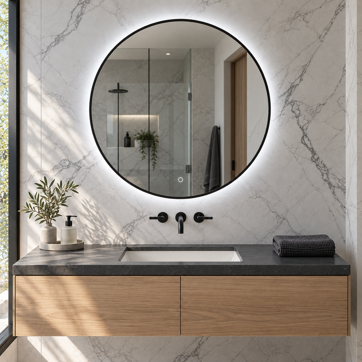 Lustro okrągłe LED z włącznikiem dotykowym 140x140 cm w czarnej ramie Slim - zdjecie 3