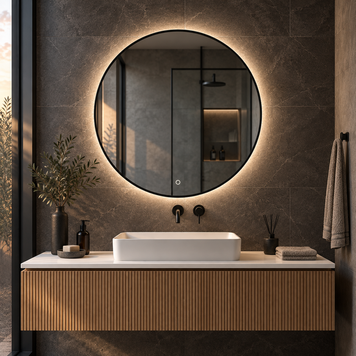 Lustro okrągłe LED z włącznikiem dotykowym 140x140 cm w czarnej ramie Slim - zdjecie 5