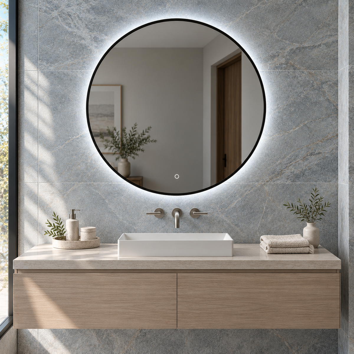 Lustro okrągłe LED z włącznikiem dotykowym 90x90 cm w czarnej ramie Slim - zdjecie 1