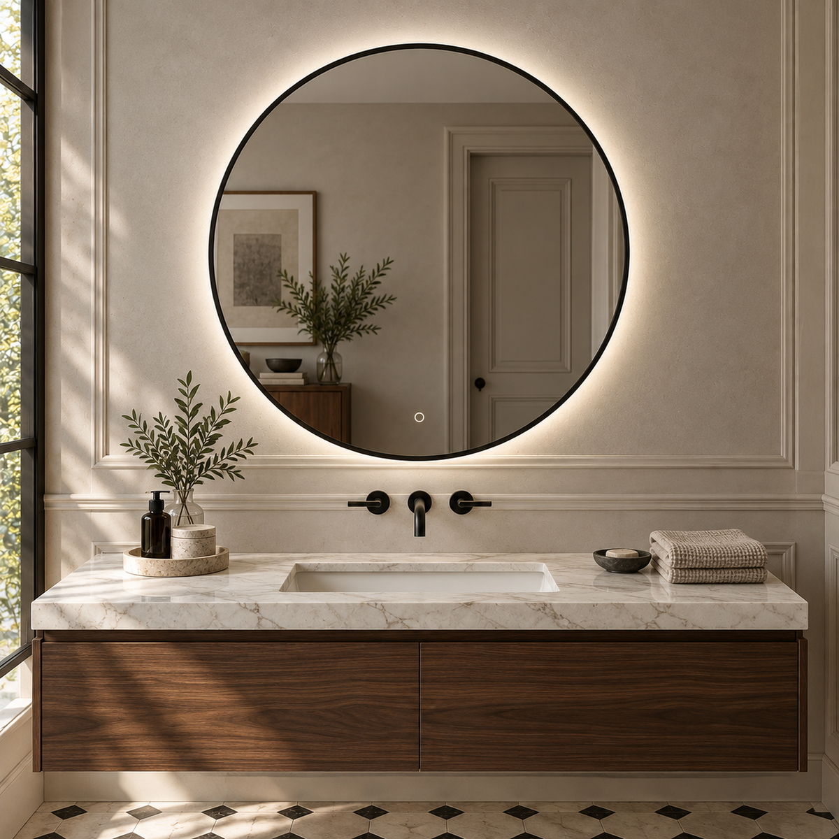 Lustro okrągłe LED z włącznikiem dotykowym 90x90 cm w czarnej ramie Slim - zdjecie 2