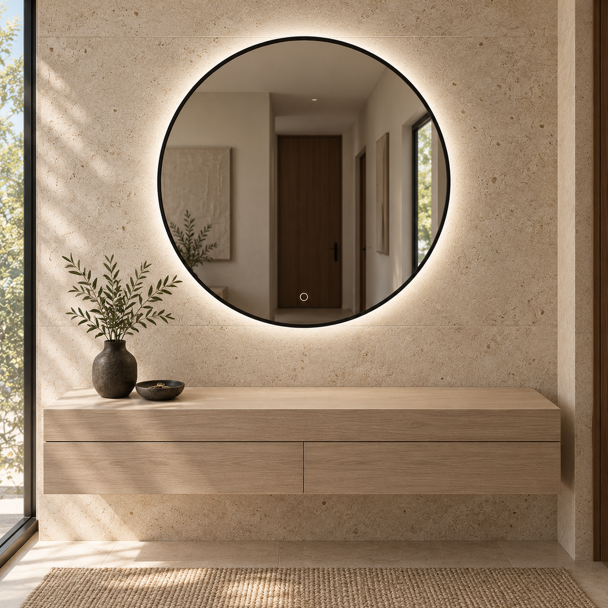 Lustro okrągłe LED z włącznikiem dotykowym 90x90 cm w złotej ramie Slim z zawieszkami i kołkami - zdjecie 2