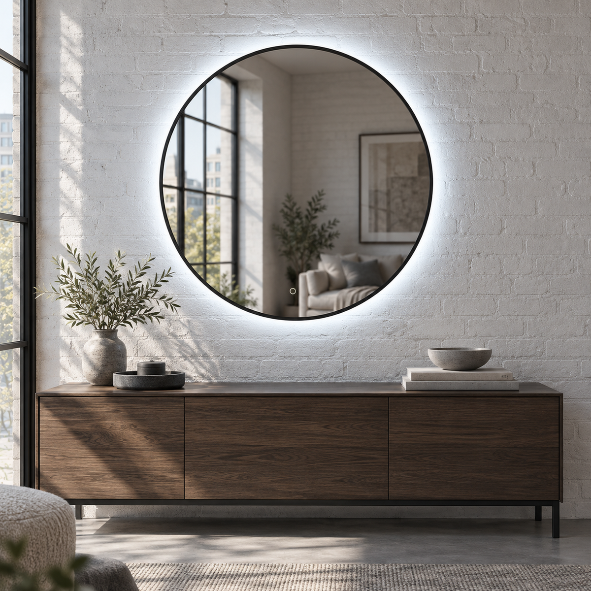 Lustro okrągłe LED z włącznikiem dotykowym 90x90 cm w złotej ramie Slim z zawieszkami i kołkami - zdjecie 3