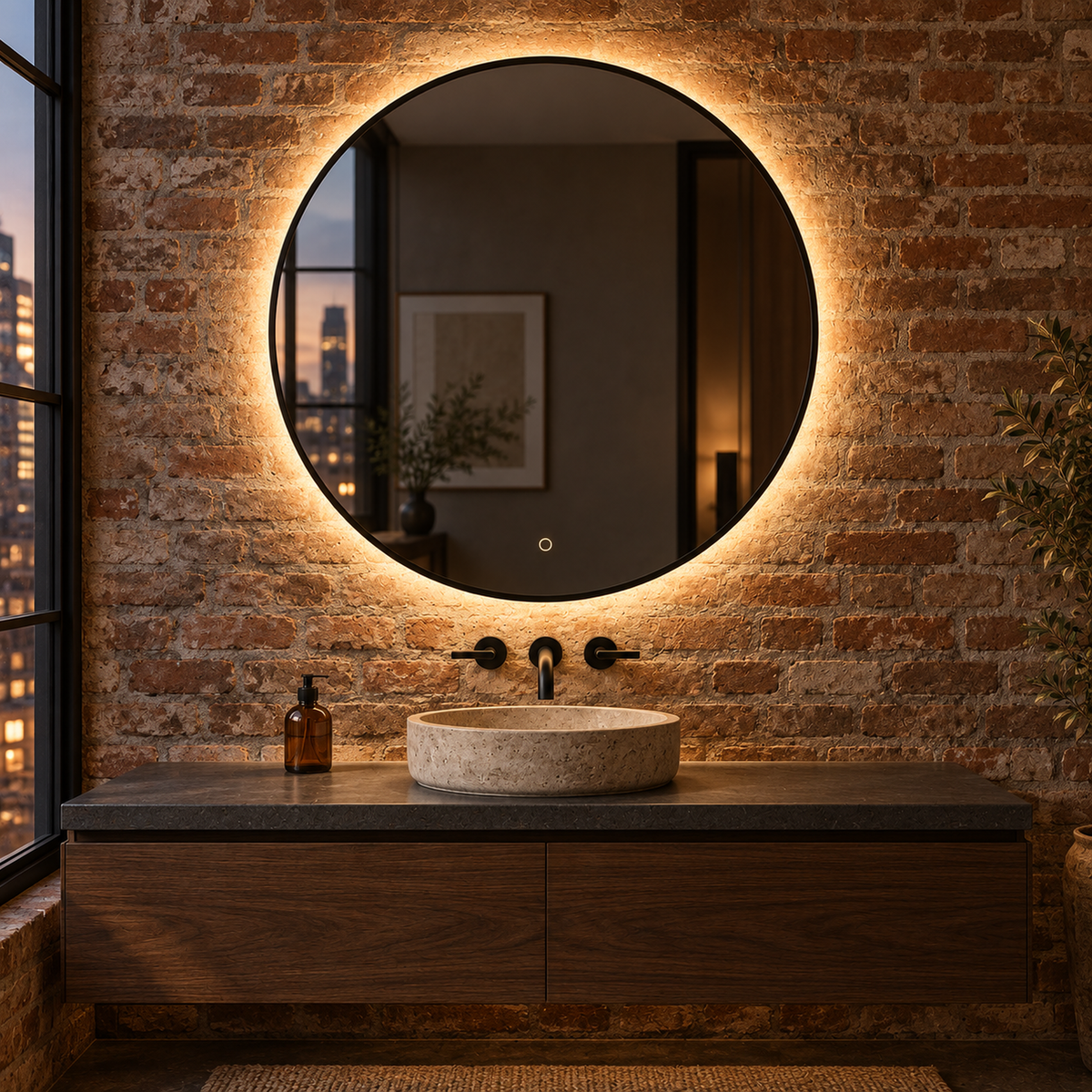Lustro okrągłe LED z włącznikiem dotykowym 90x90 cm w złotej ramie Slim z zawieszkami i kołkami - zdjecie 5