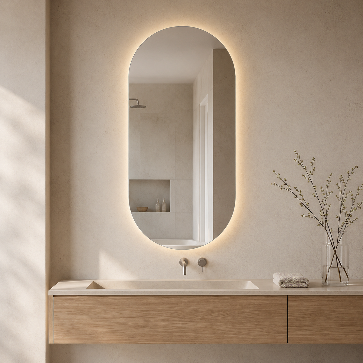 Lustro podłużne z półokrągłymi zakończeniami LED z włącznikiem dotykowym 20x50 cm - zdjecie 2