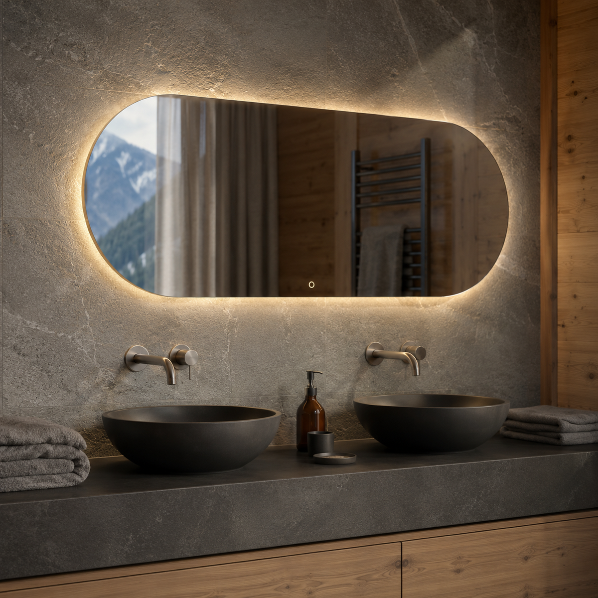 Lustro podłużne z półokrągłymi zakończeniami LED z włącznikiem dotykowym 70x30 cm - zdjecie 1