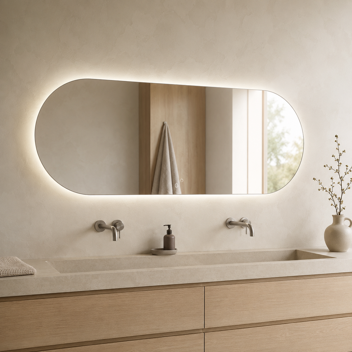 Lustro podłużne z półokrągłymi zakończeniami LED z włącznikiem naściennym 50x30 cm - zdjecie 3