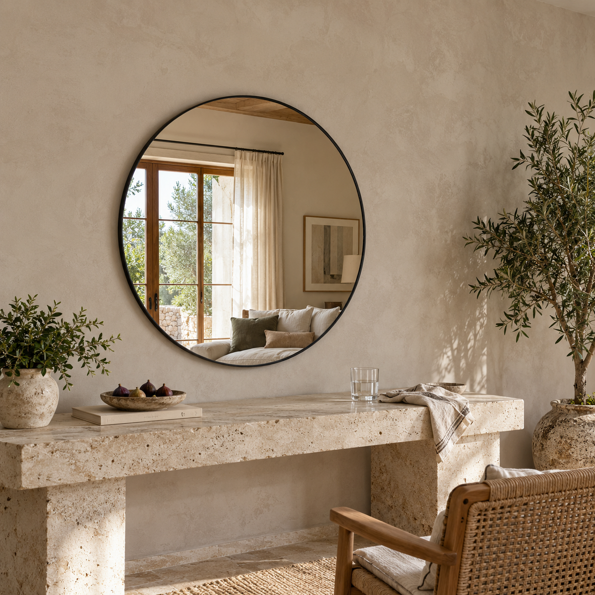 Lustro w kształcie koła 140x140 cm w białej ramie Slim z zawieszkami i kołkami - zdjecie 2