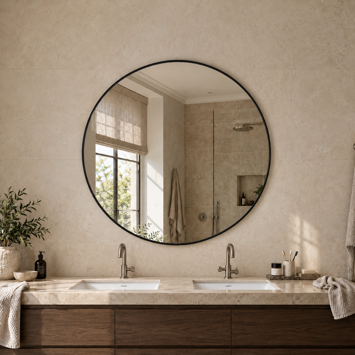 Lustro w kształcie koła 60x60 cm w białej ramie Slim z zawieszkami i kołkami - zdjecie 2