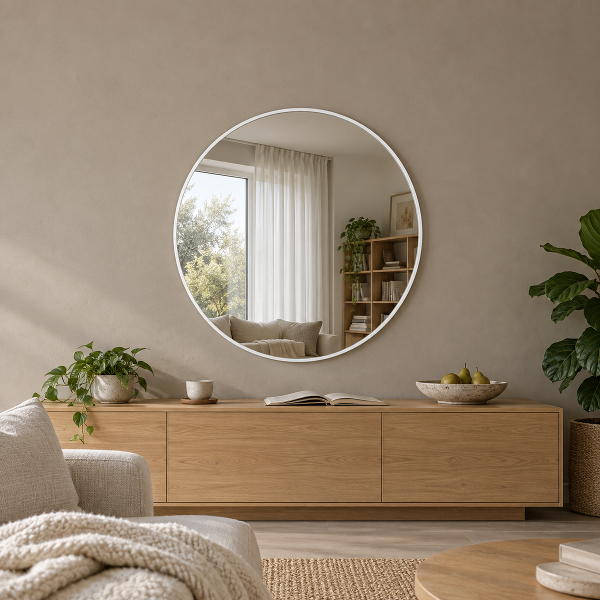 Lustro w kształcie koła 80x80 cm w białej ramie Slim z zawieszkami i kołkami - zdjecie 4