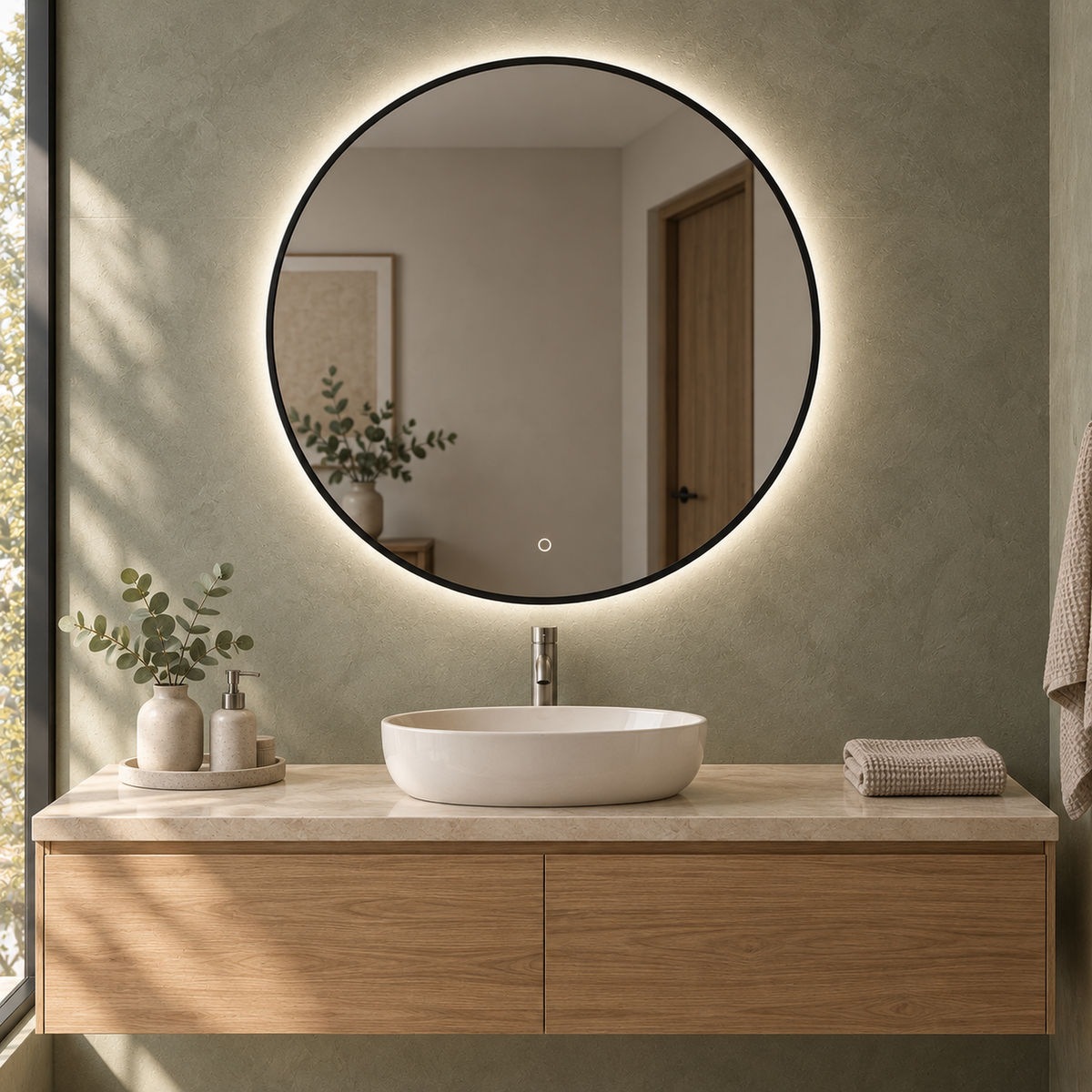 Lustro w kształcie koła LED z włącznikiem naściennym 110x110 cm w czarnej ramie Slim - zdjecie 1