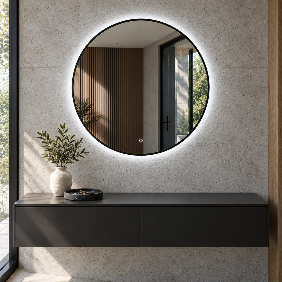 Lustro w kształcie koła LED z włącznikiem naściennym 50x50 cm w różowej ramie Slim - zdjecie 4